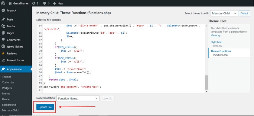 在 function.php 文件中插入代码以创建目录。